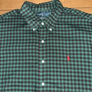 Ralph Lauren Mens 2XL Button Up Shirt Long Sleeve Custom Fit Plaid Holiday Green